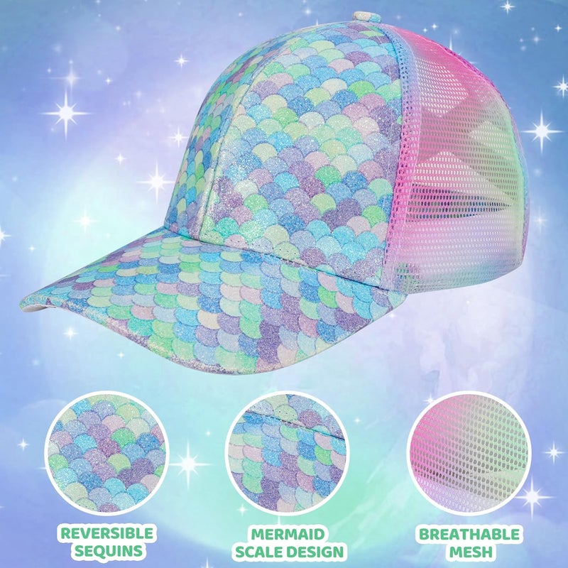 BROMZ Girls Glitter Baseball Cap Kids Ponytail Hat Adjustable Summer Mesh Trucker Hats for 4-12 Years - Image 3